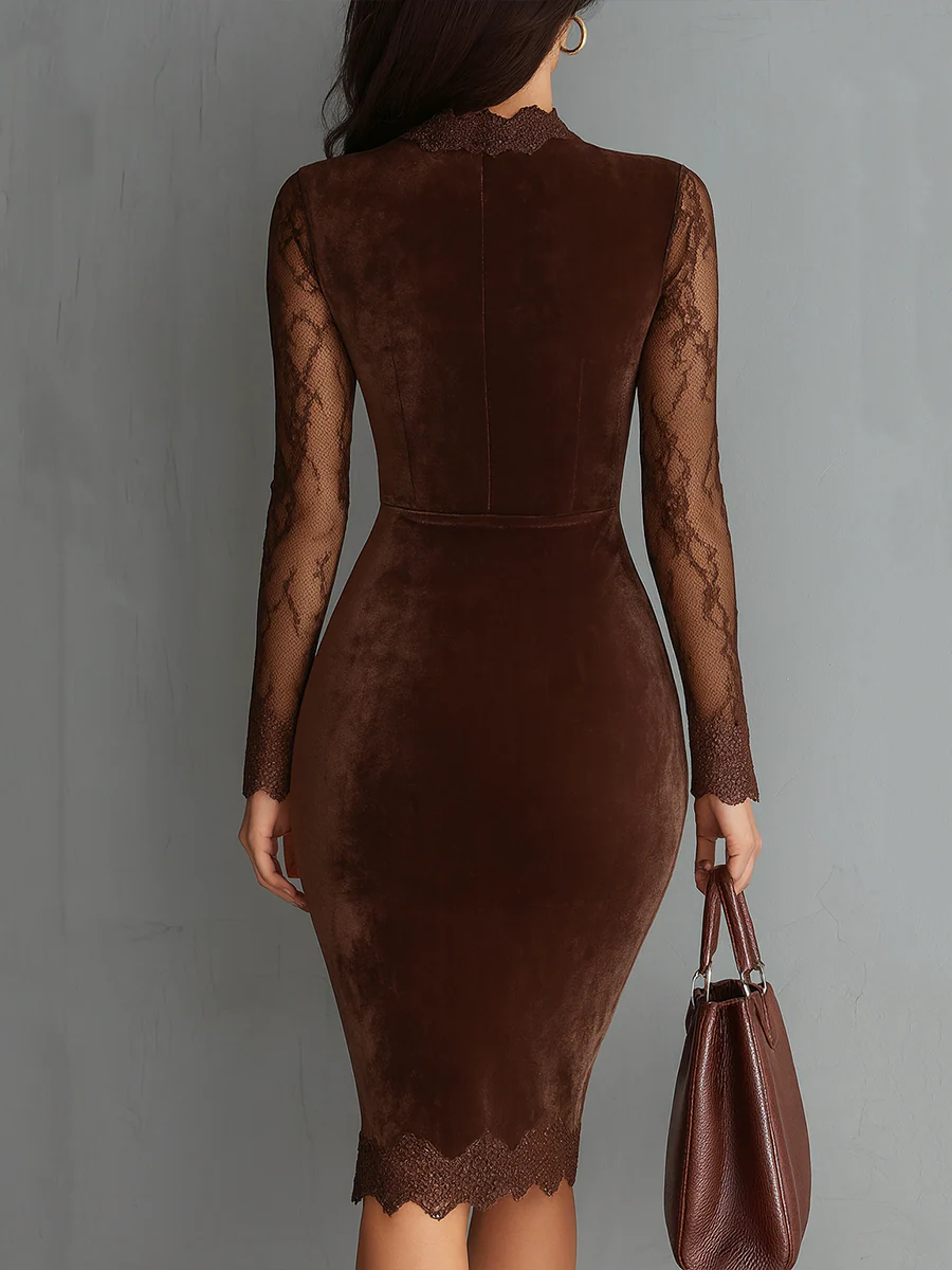 Braunes Vintage-Velours-Minikleid mit Schlüsselloch-Ausschnitt und Spitzenärmeln