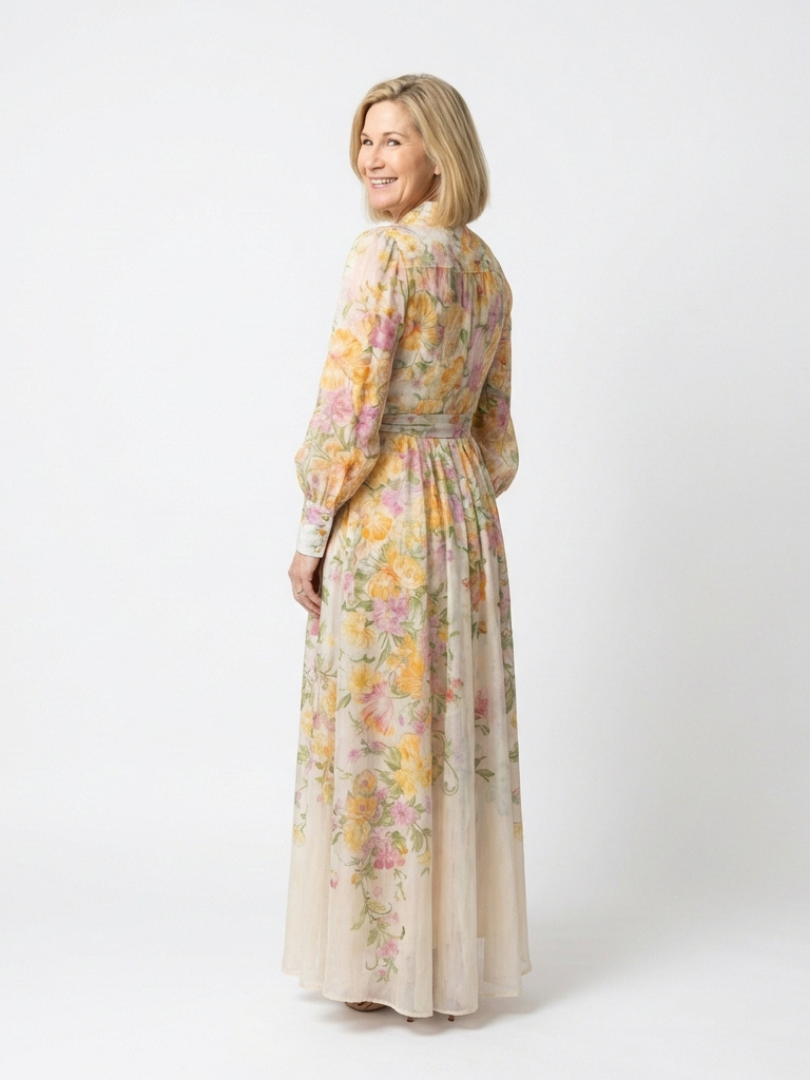 Adelheid | Damen Blumen Maxikleid mit Langarm