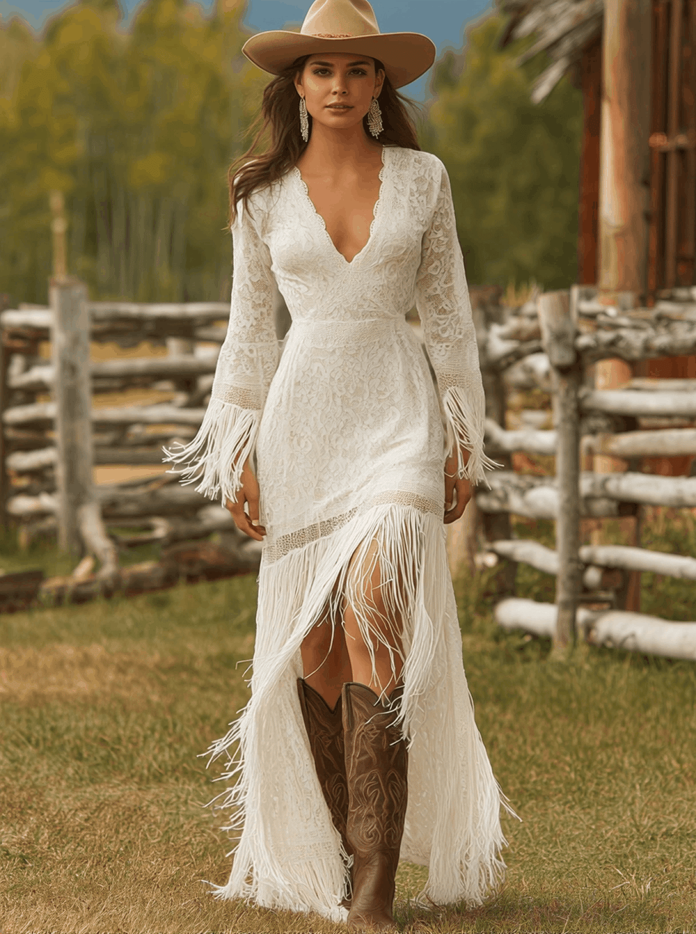 Adelina | Damen V-Ausschnitt Langarm Maxikleid mit Fransen