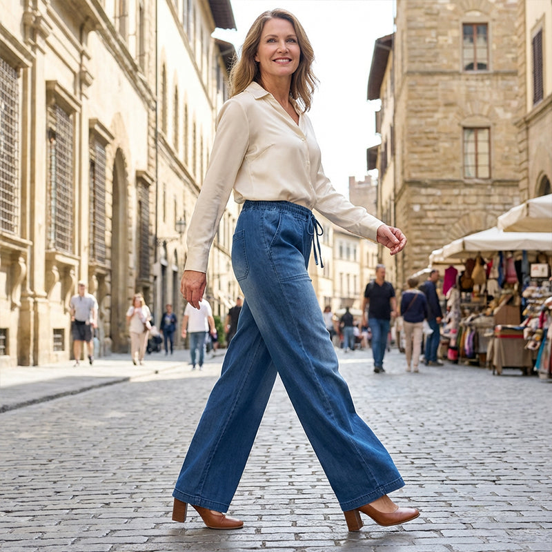 Verstellbare Kordelzug Taille Weite Bein Jeans für Frauen