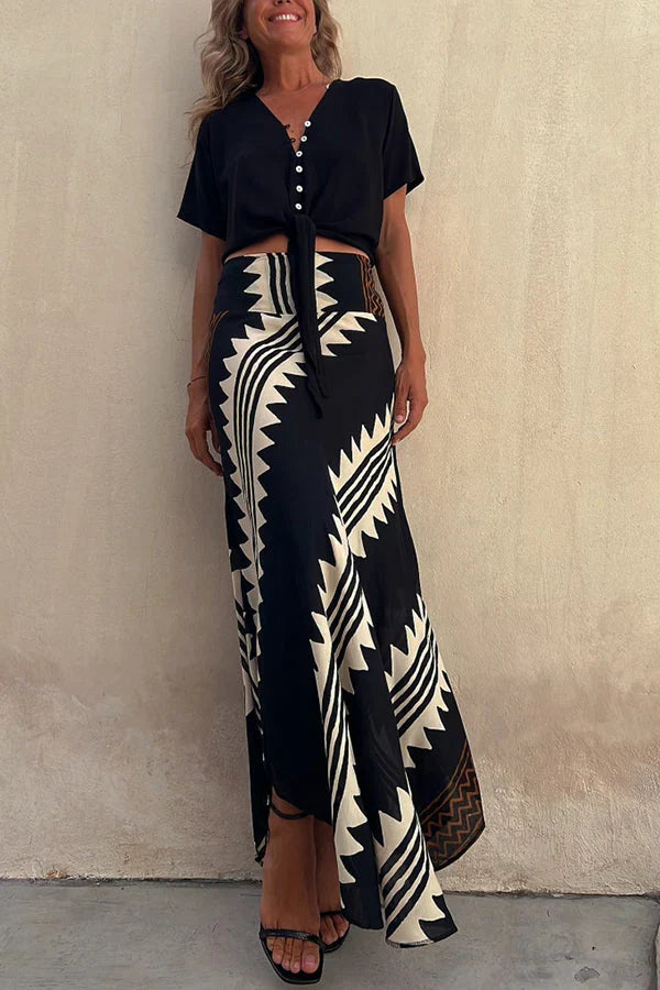 Aglaiya Damen Maxirock mit geometrischem Print und Bund