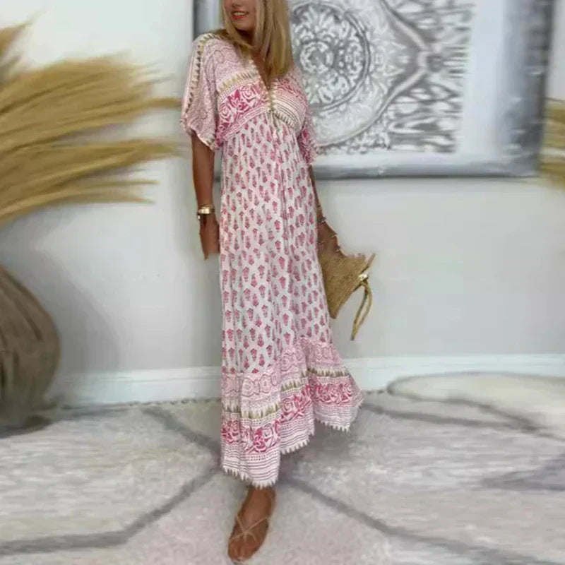 Allegra | Damen Boho Maxikleid Kurze Ärmel