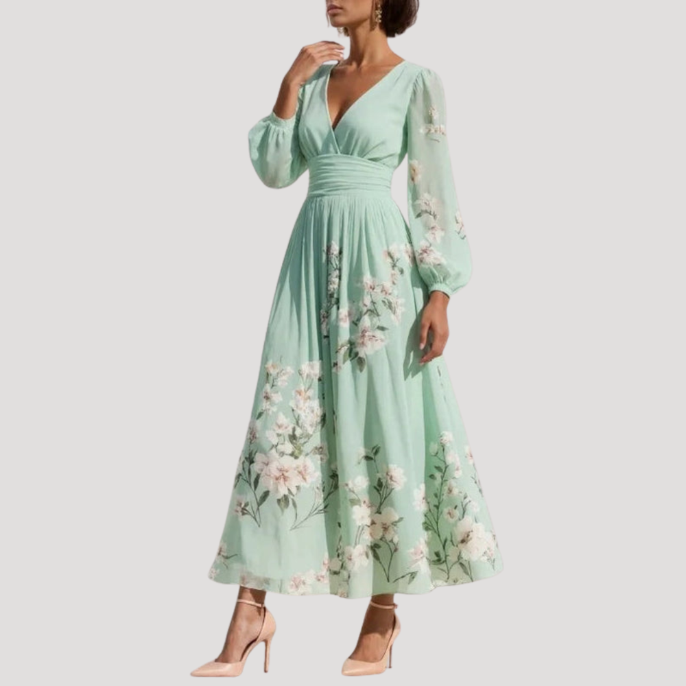 Amelie | Damen Blumenkleid Langarm Midi Kleid