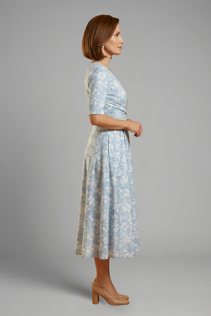Anja | Damen Wickelkleid mit V-Ausschnitt Blumenmuster Midi