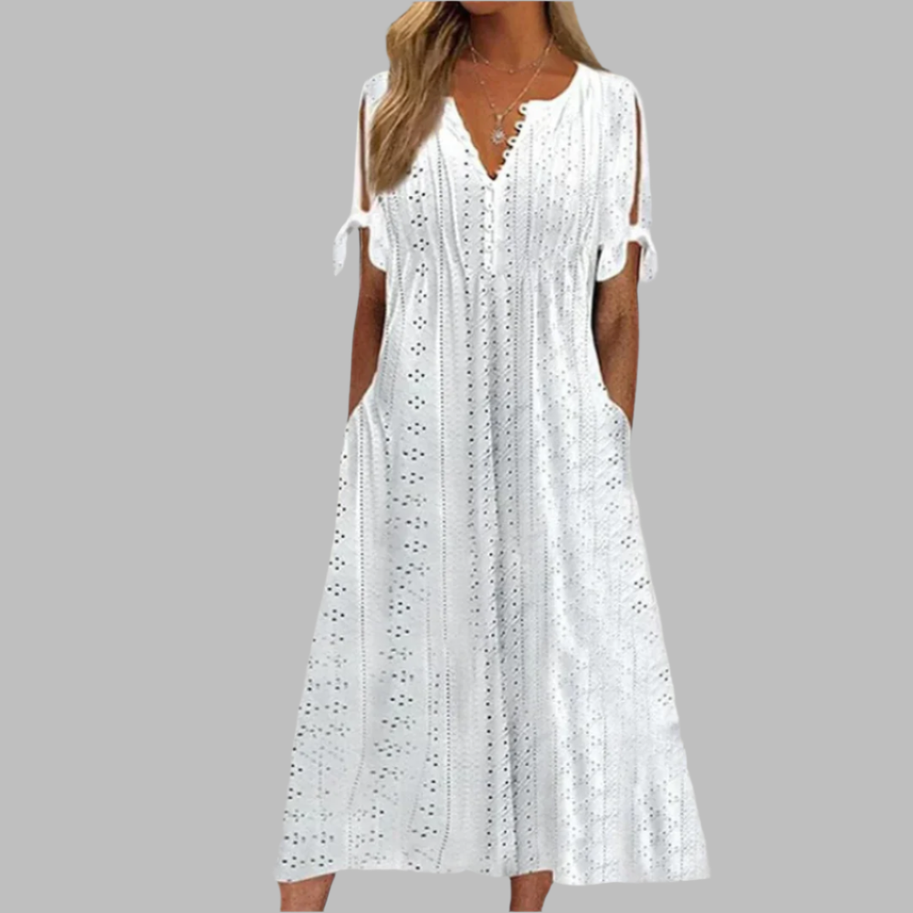 Anneke | Damen Lochstickerei V-Ausschnitt Midikleid