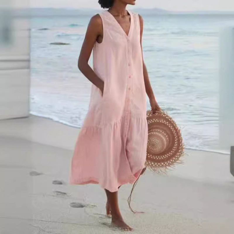 Annelie | Damen Ärmelloses Midikleid V-Ausschnitt Knopfleiste