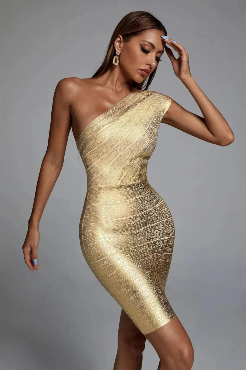 Aurora – Einseitiges Minikleid in Gold mit Glanzeffekt
