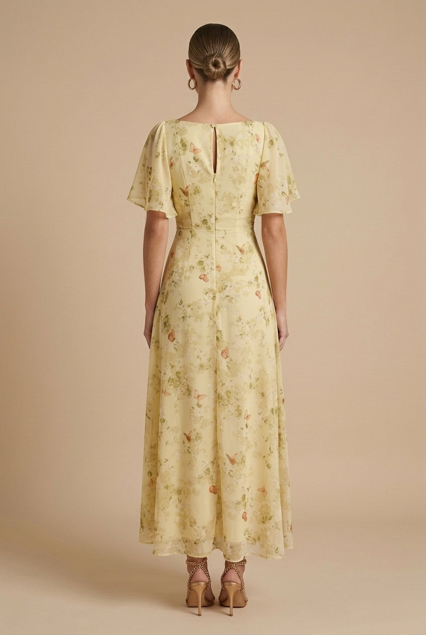 Damen Maxikleid mit Blumenmuster, quadratischem Ausschnitt und Puffärmeln