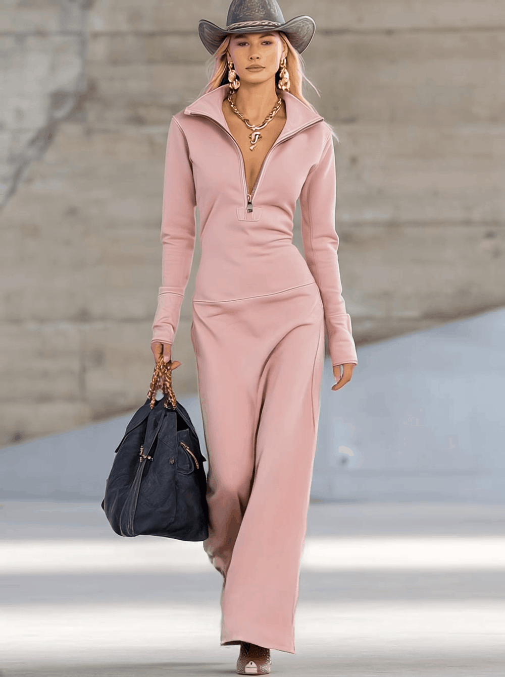 Beatrice | Damen Rosa Kapuzen Maxikleid Langarm