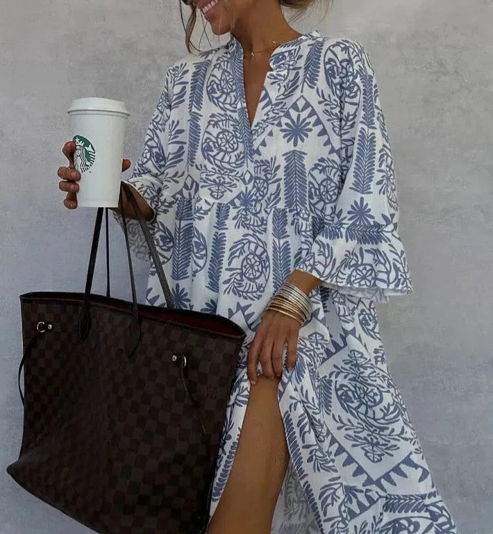 Benedikta | Damen Boho Langarm Mini Kleid mit Muster