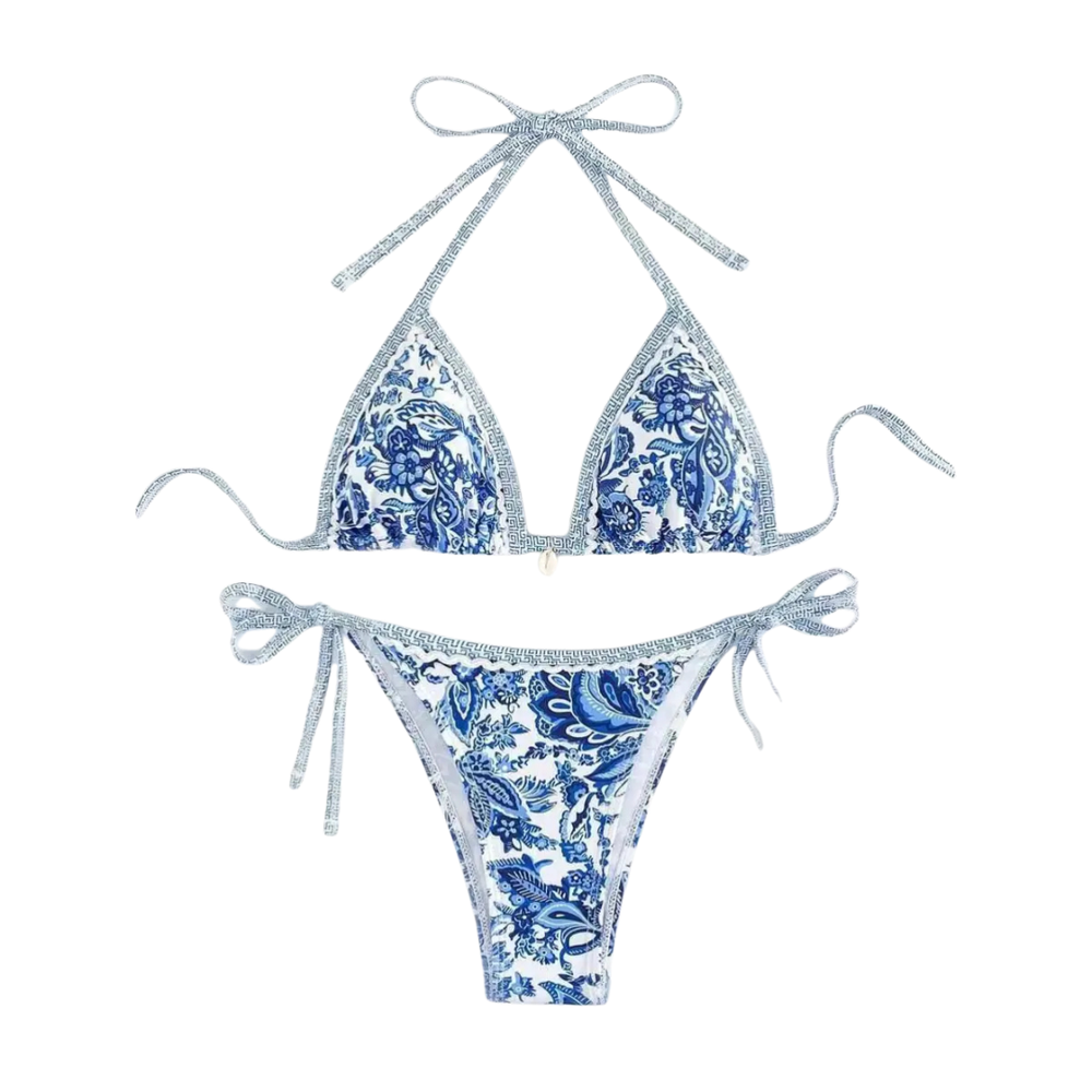 Bikini-Set mit Neckholder und Bindebändern im Print-Design
