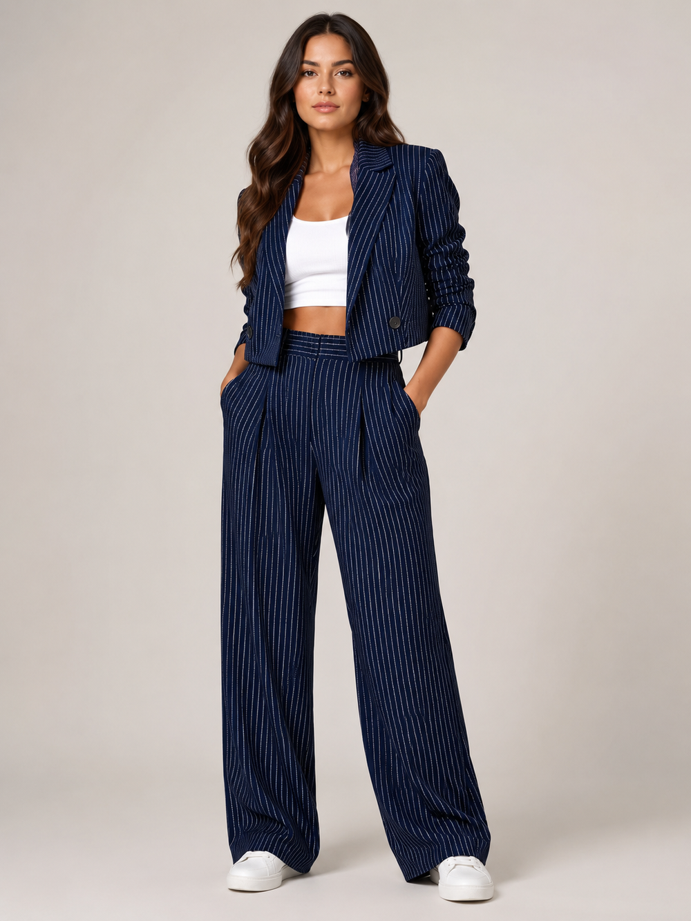 Hosenanzug Damen Nadelstreifen mit Cropped Blazer