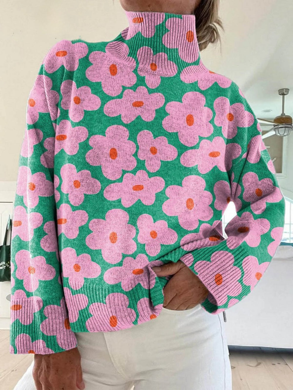 Elfriede | Blumen Strickpullover Rollkragen Langarm Entspannt