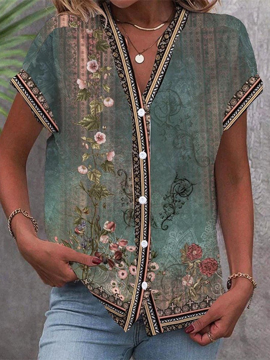 Johanna | Boho Bluse V-Ausschnitt Kurzarm Blumenmuster Vintage