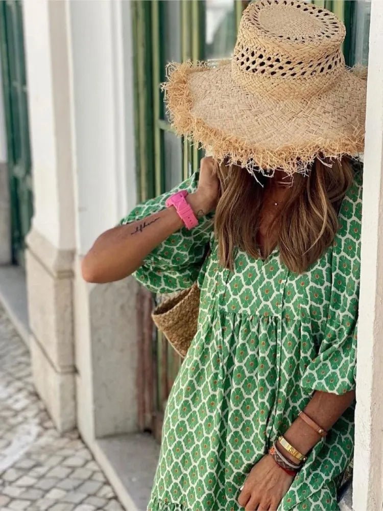 Elfriede | Boho Maxi Kleid V-Ausschnitt Geometrisches Muster