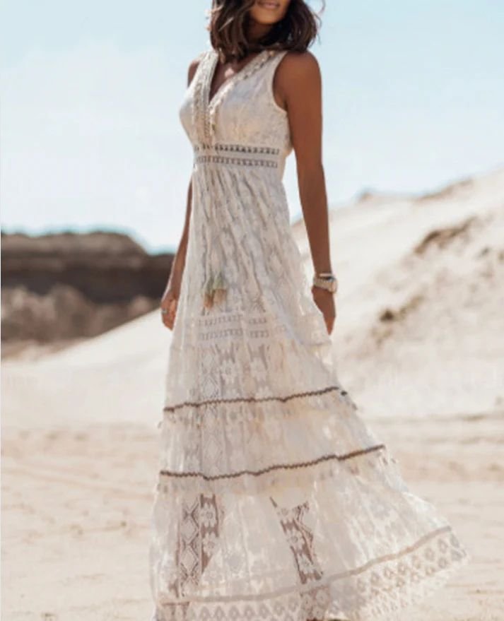 Elisabeth | Boho Maxi Kleid V-Ausschnitt Vintage Quasten Bindegürtel