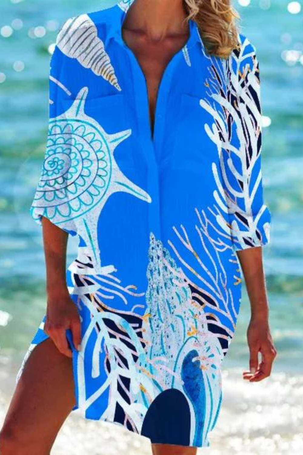 Cerena | Damen Strandbluse Hemdkragen Maritimer Print