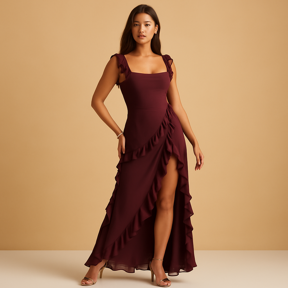 Damen Asymmetrisches Kleid mit Rüschenbesatz und eckigem Ausschnitt