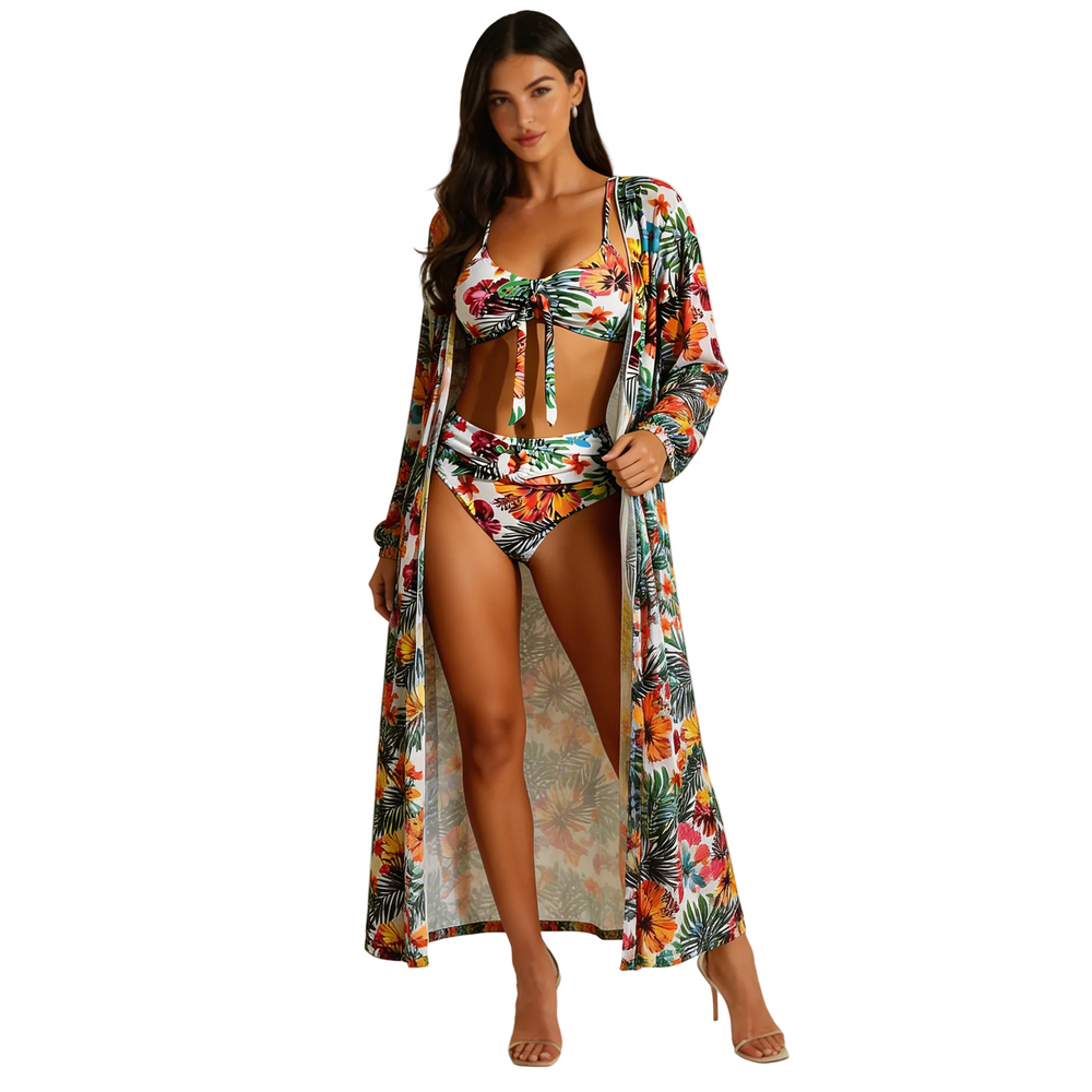 Damen-Bikini-Set mit Bindedetail, High-Waist-Hose und langem Überwurf