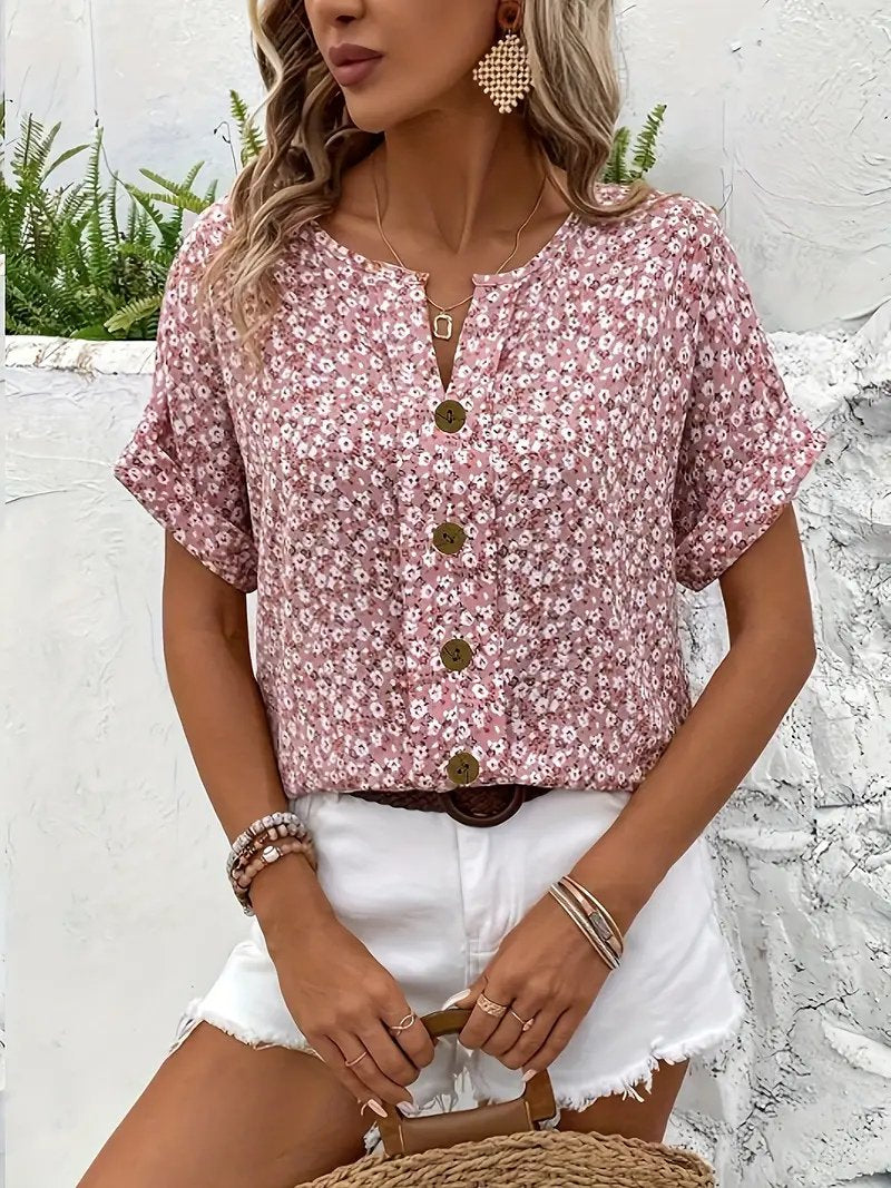 Katharina | Damen Bluse Baumwolle Blumenmuster Kurzarm Knopfleiste