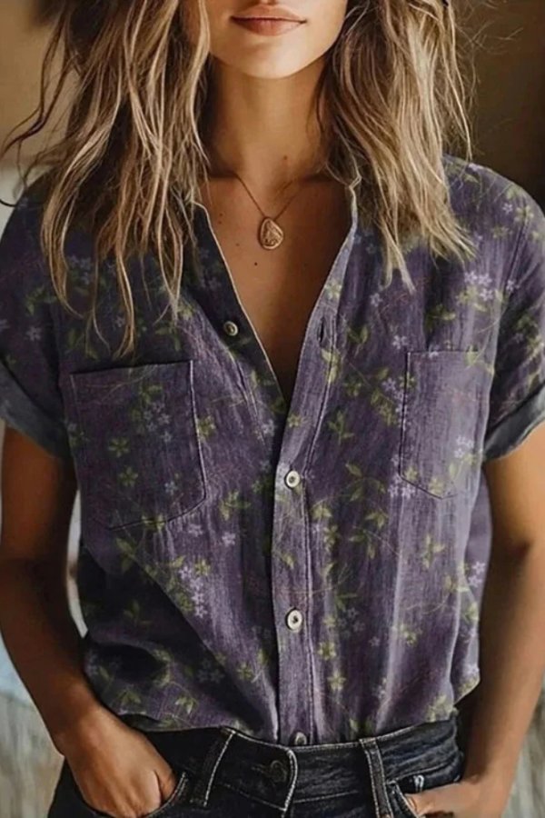 Katharina | Damen Bluse Baumwolle Vintage Blumenmuster Kurzarm Lapel