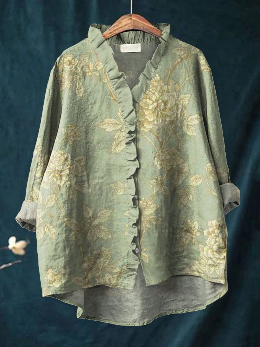Frieda | Damen Bluse Blumenmuster Rüschen Leinen
