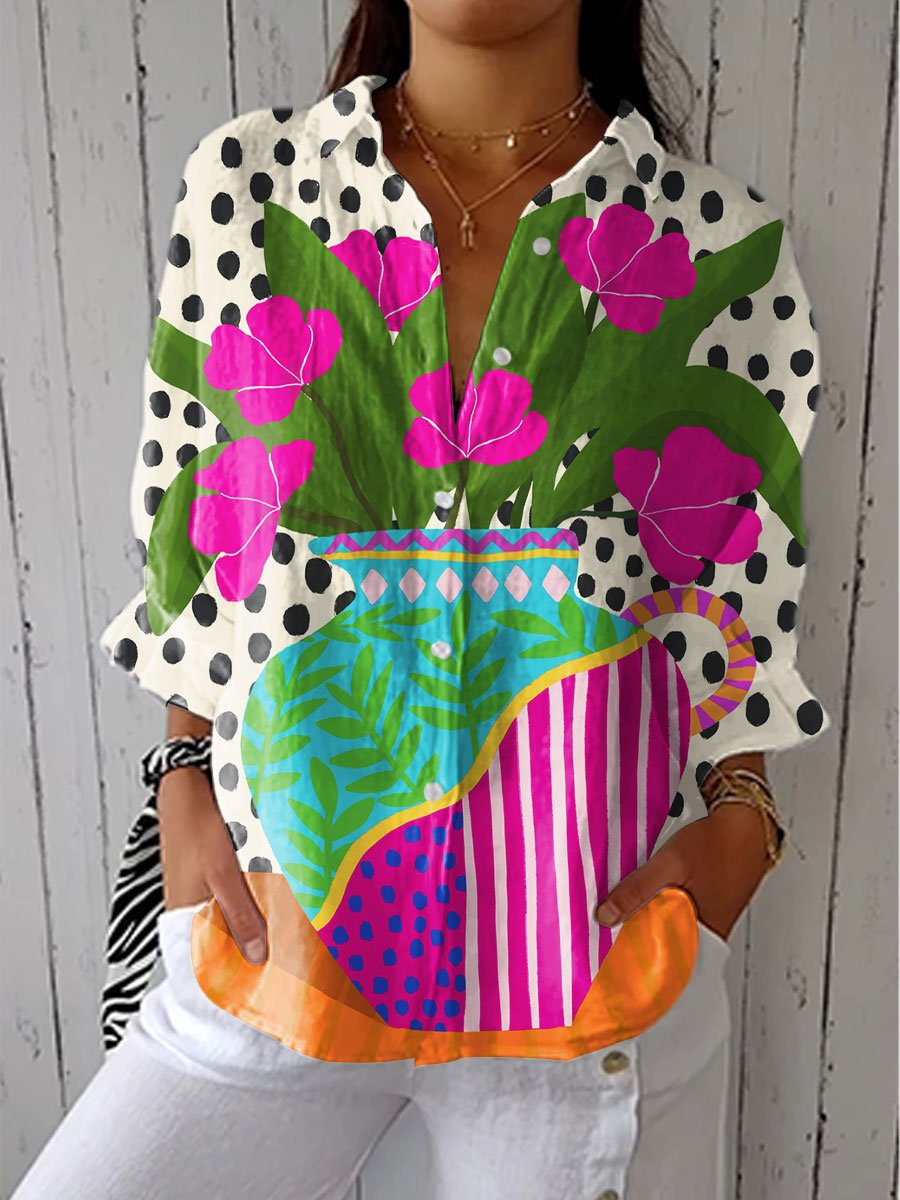 Johanna | Damen Bluse Blumenvase Print V-Ausschnitt Locker