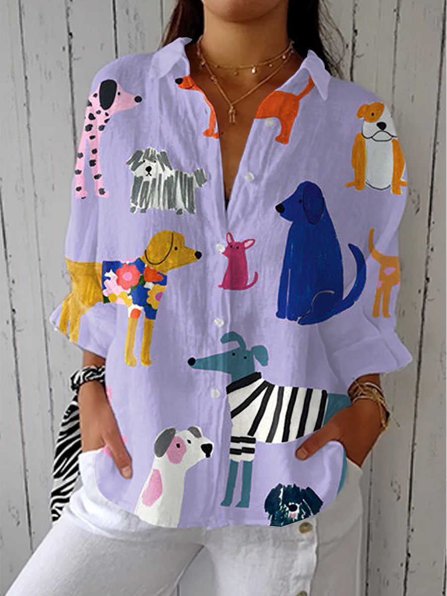 Nora | Damen Bluse Hundedruck Langarm V-Ausschnitt