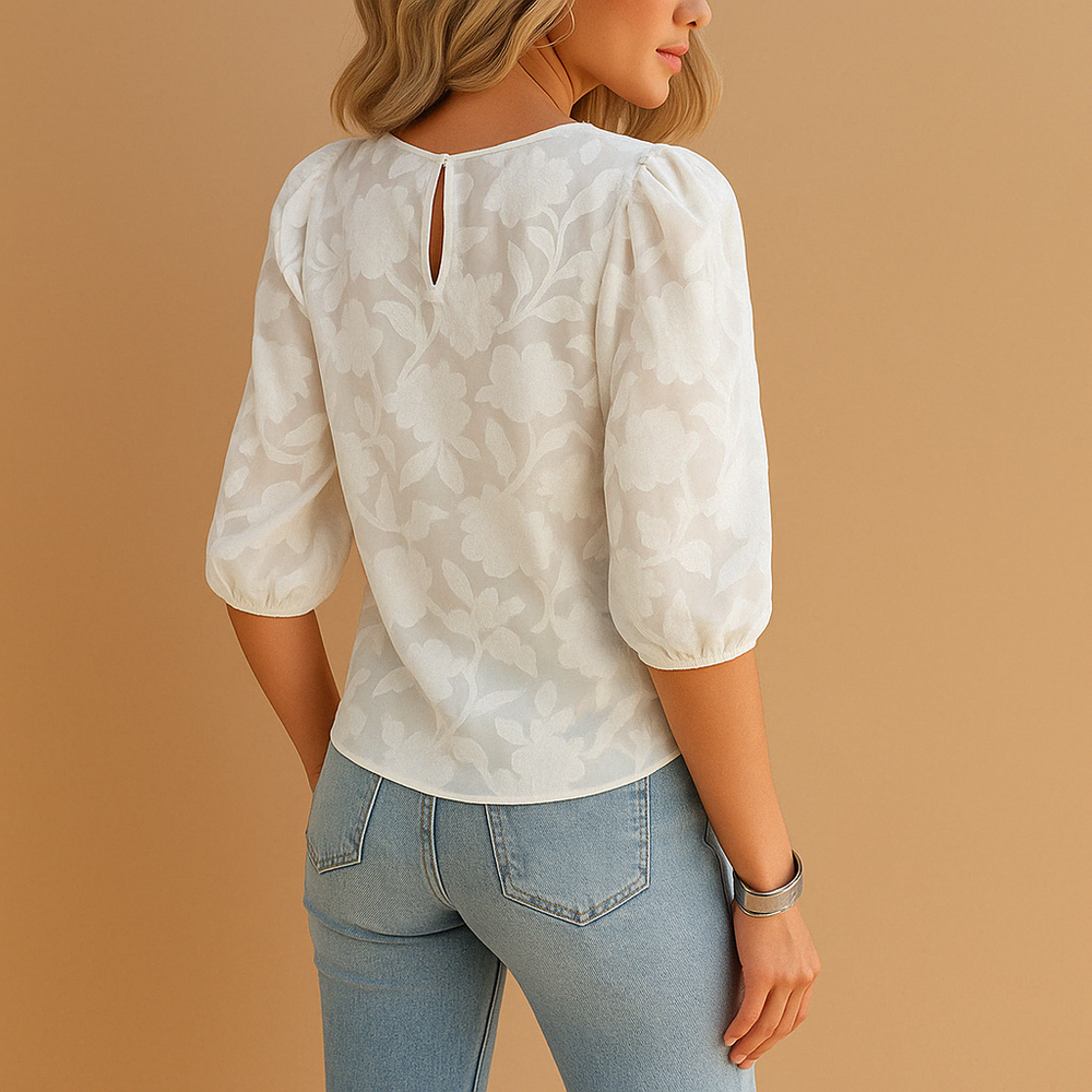 Damen-Bluse mit Blumenmuster, Puffärmeln und Rundhalsausschnitt