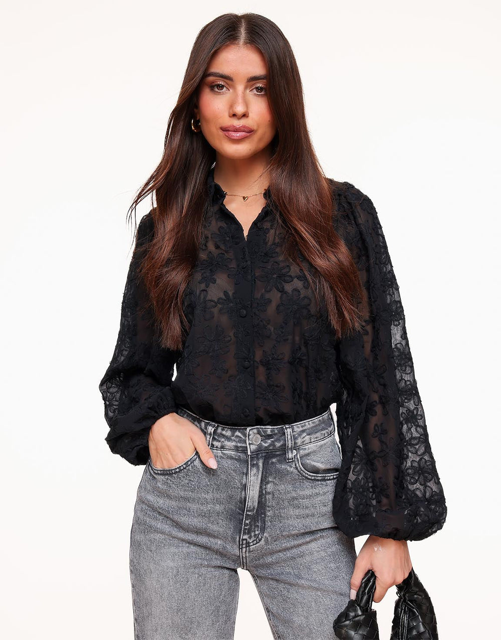 Damen-Bluse mit floraler Stickerei, transparentem Gewebe und Ballonärmeln