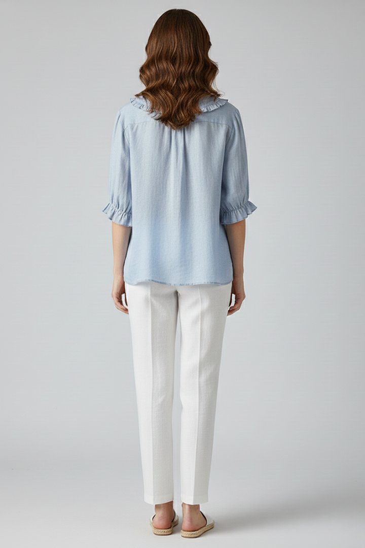Damen Bluse mit Knopfleiste, Rundkragen und gerafften Ärmeln