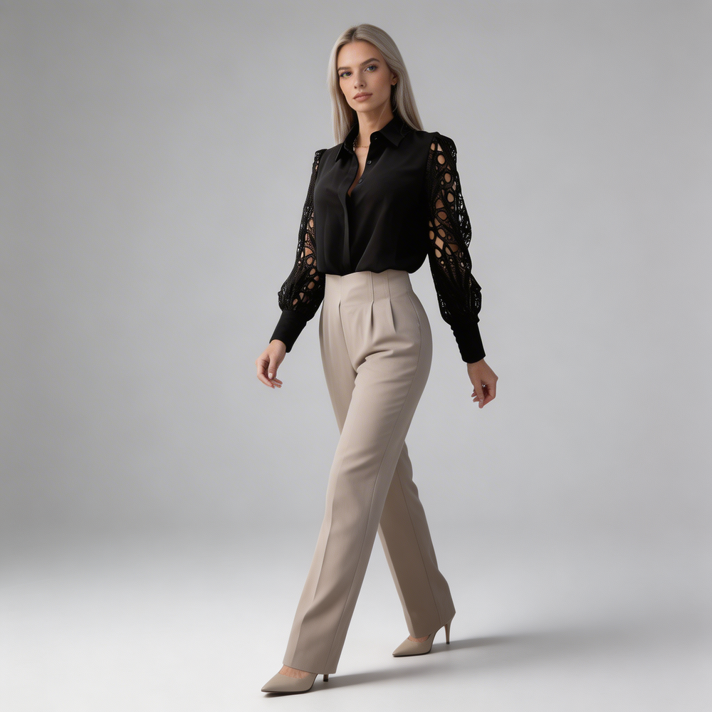 Damen-Bluse mit Knopfleiste und Ärmeln mit Durchbruchmuster