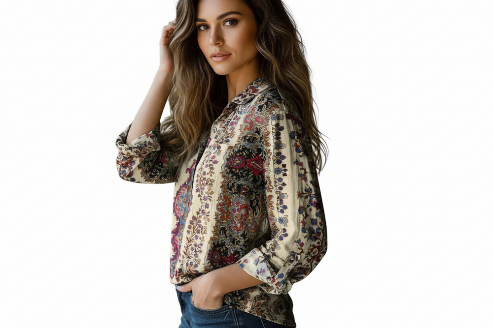 Damen Bluse mit Ornamentdruck und Knopfleiste