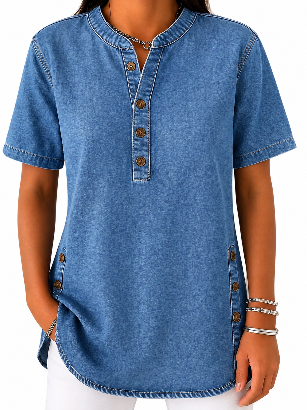 Damen Bluse mit Rundhalsausschnitt und Knopfleiste
