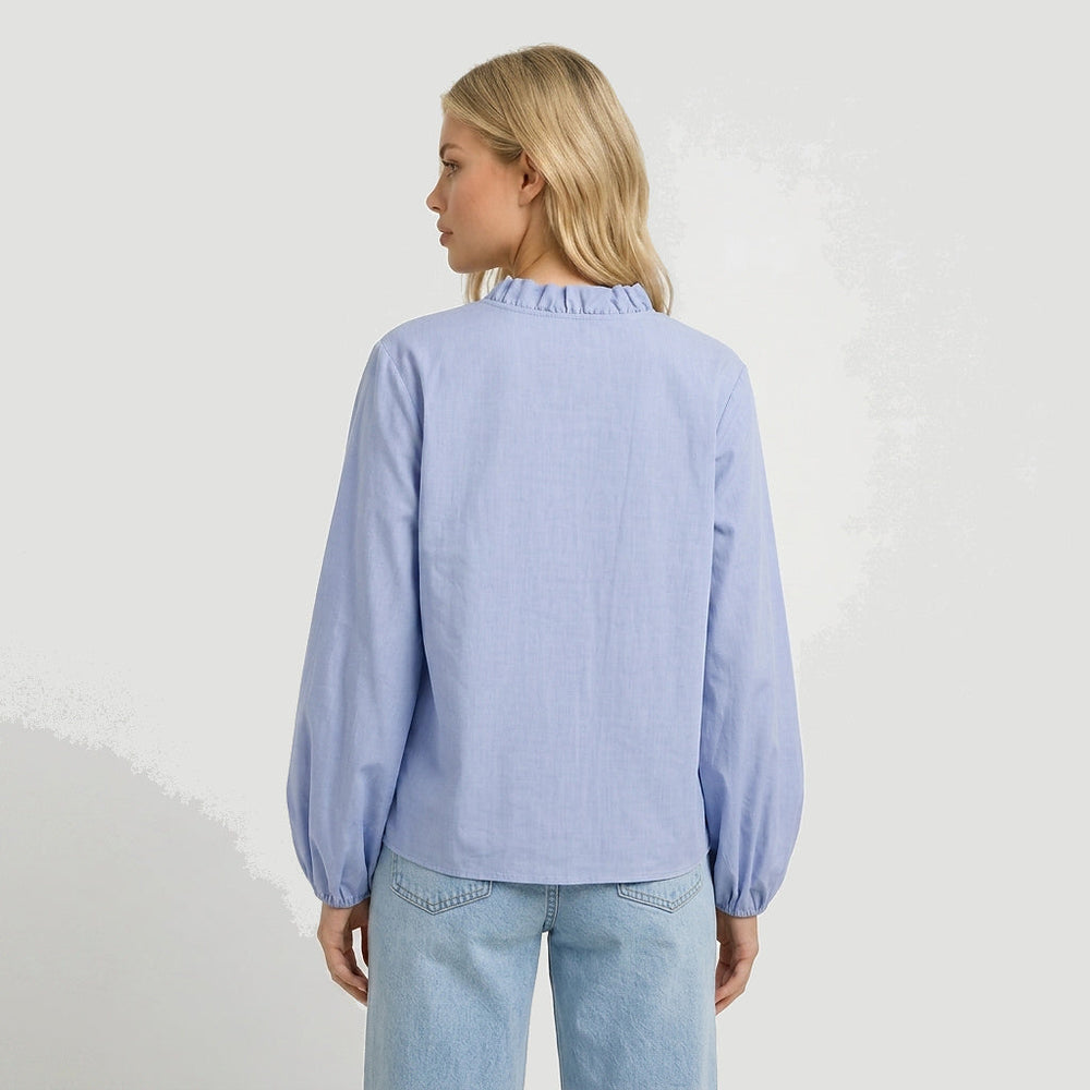 Damen-Bluse mit Rüschendetails und elastischen Ärmelbündchen