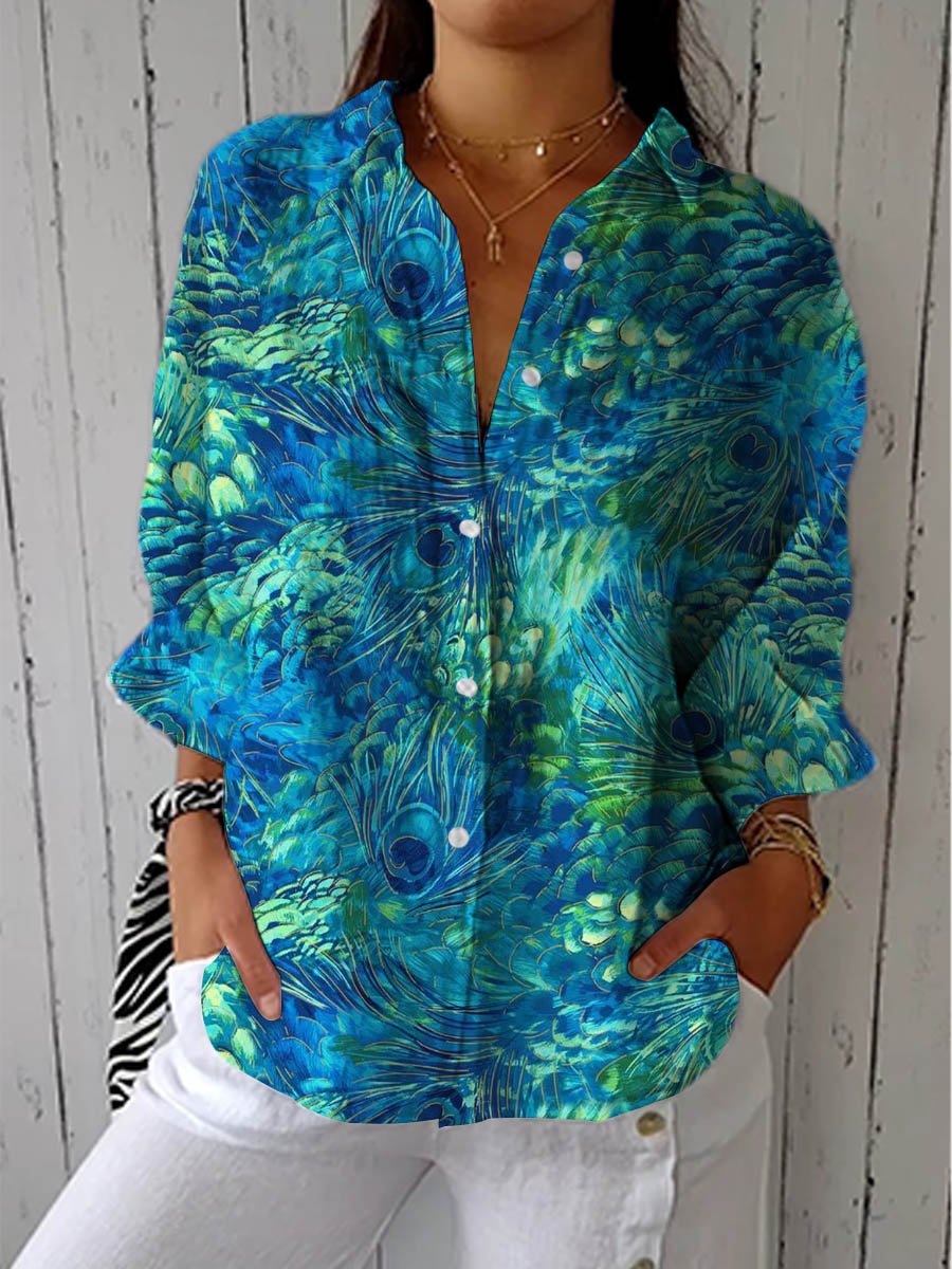 Leonie | Damen Bluse Pfauenmuster V-Ausschnitt Entspannte Passform