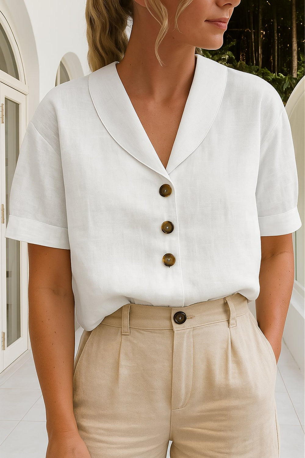 Marie | Damen Bluse V-Ausschnitt Kurzarm Business Casual