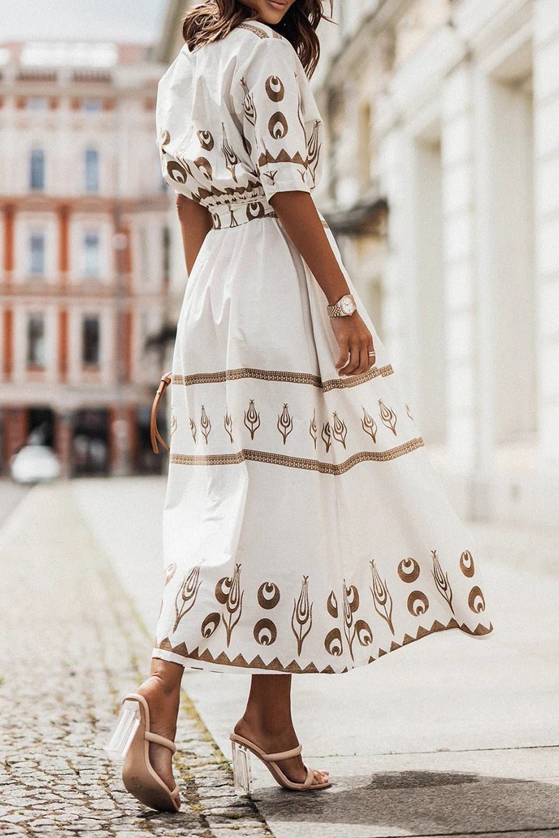 Mia | Damen Boho Gürtel Midi Kleid Dreiviertelarm Geometrisches Muster