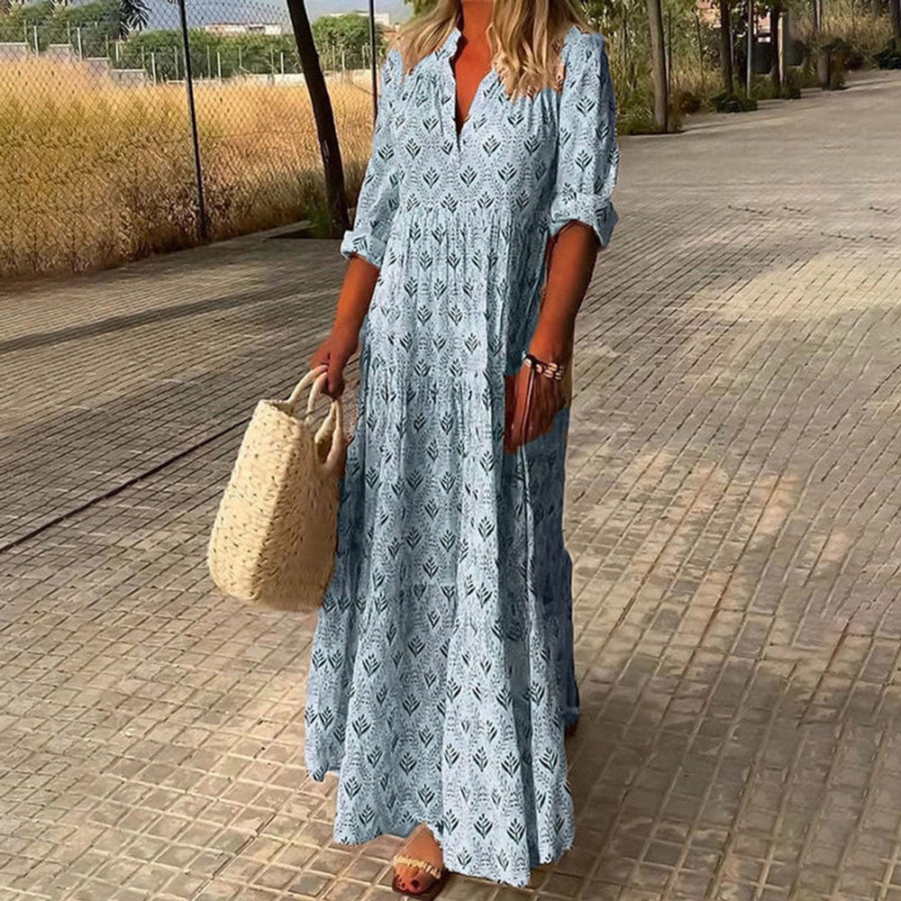 Frieda | Damen Boho Maxi Cocktailparty-Kleid mit V-Ausschnitt floralem Print