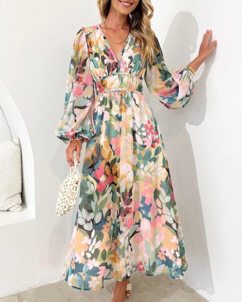 Elisabeth | Damen Chiffon Blumenmuster Puffärmel V-Ausschnitt Midi-Kleid