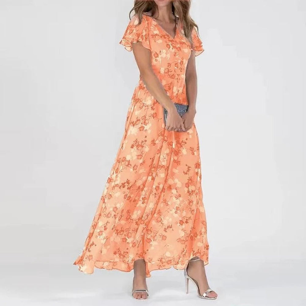 Amelie | Damen Cocktailparty-Kleid Blumen Maxi V-Ausschnitt Rüschen