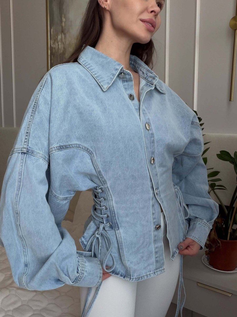 Damen Denim Bluse Tailliert mit Schnürung