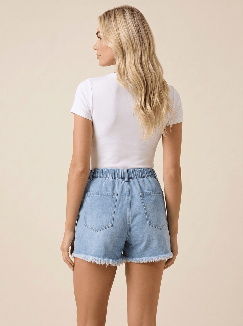 Damen Denim-Shorts mit elastischem Bund, Kordelzug und ausgefranstem Saum
