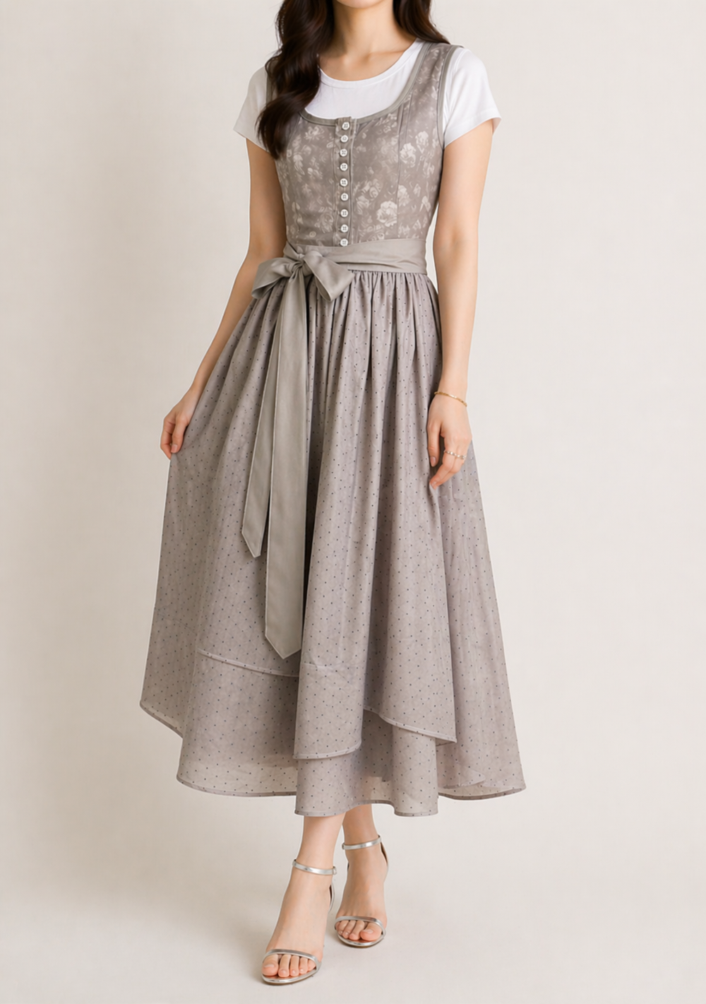 Damen Dirndl Kleid mit Reißverschluss, Spitzenärmeln und Taillenband