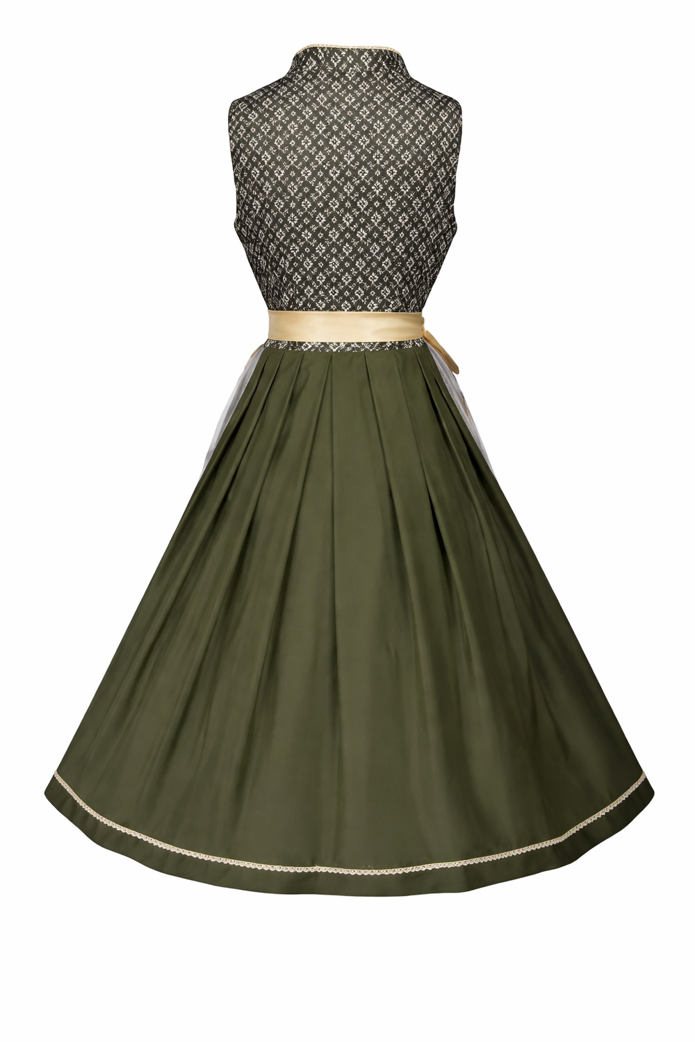 Damen Dirndl Kleid mit Stehkragen, Schnürfront und Spitzenüberlage