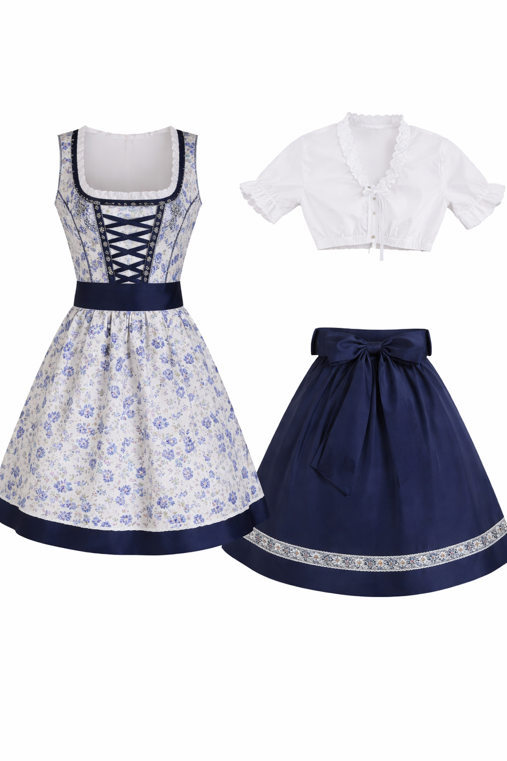 Damen Dirndl Set mit floralem Muster, Schnürfront und Schürze