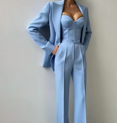 Marlene | Damen Dreiteiler Blazer-Set mit Korsett-Top und Schlaghosen