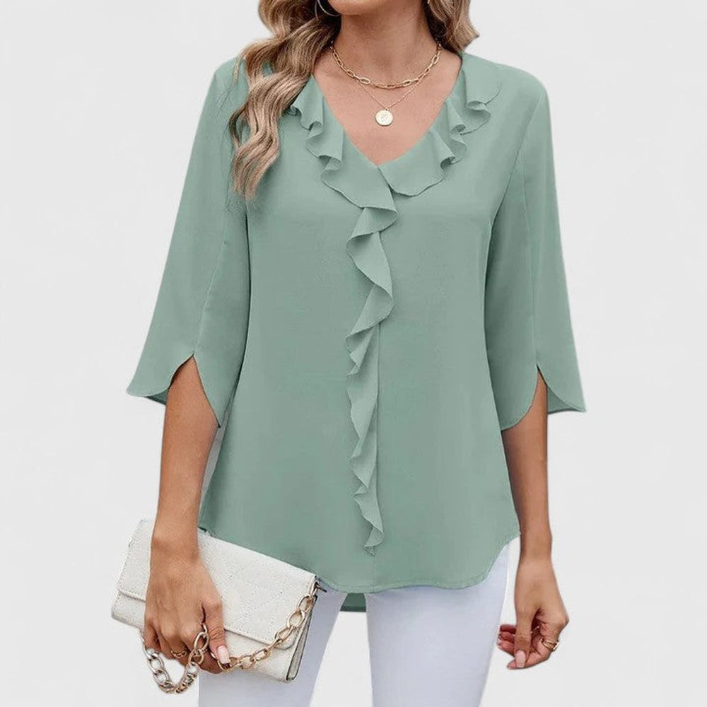 Clara | Damen elegante Rüschen-Bluse mit V-Ausschnitt 3/4-Arm