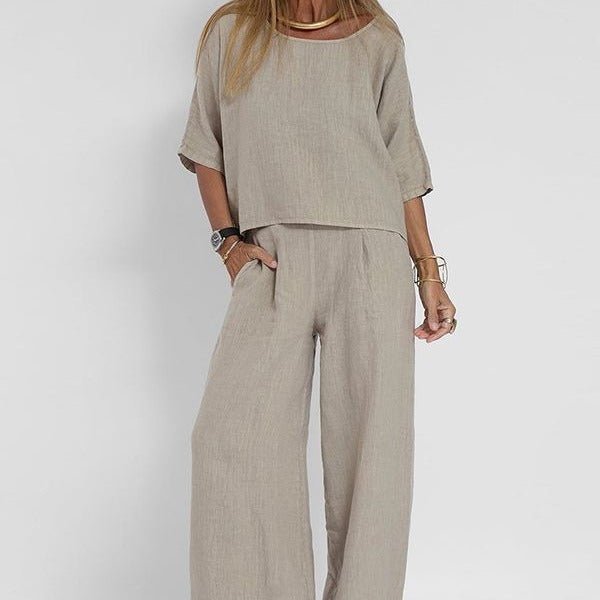 Frieda | Damen Entspanntes Zweiteiliges Leinenset Top Hose