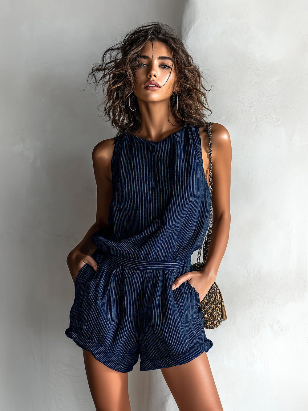Elfriede | Damen Gestreifter Leinen-Mix Ärmellos Jumpsuit